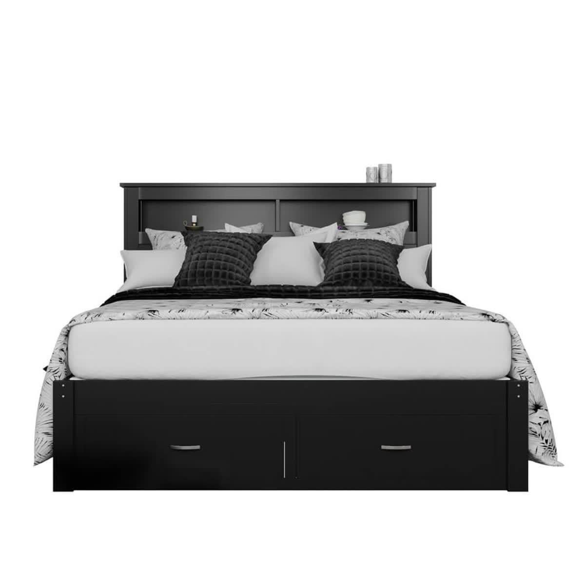 Porcia Timber Bed with Storage Shelves & Drawers - Black Black Queen