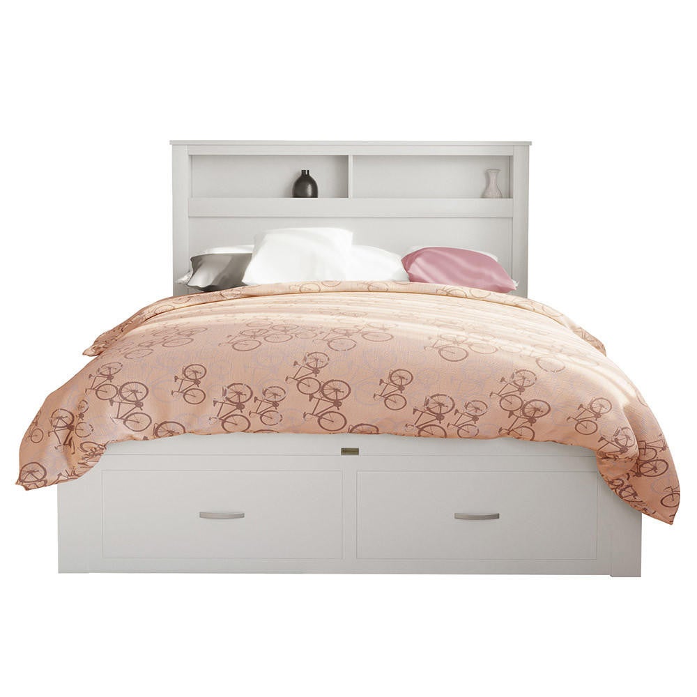 Porcia Timber Bed with Storage Shelves & Drawers - White Queen White