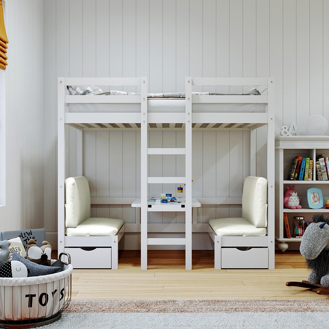 Loft bed with table and deals benches