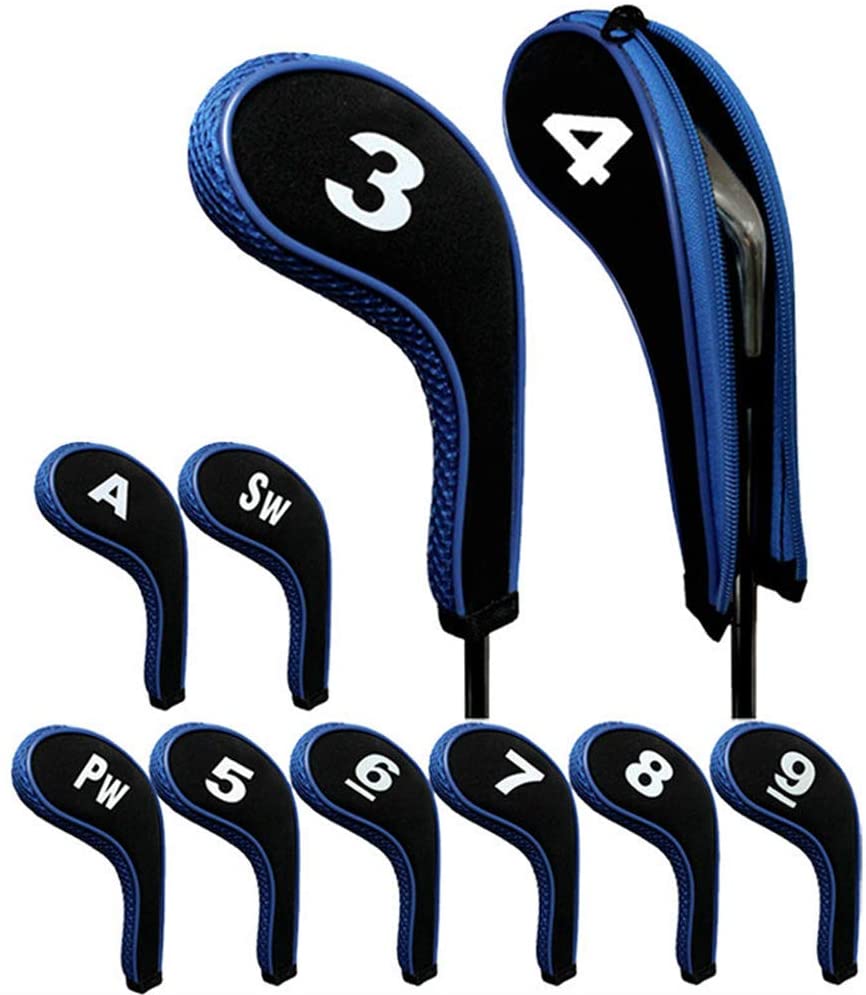 10 x Blue Zipper Golf Iron Cover Head Covers Wedge Protection Iron Set