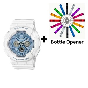 Casio Baby-G Matte White/Blue Analogue/Digital Watch BA130-7A2 BA-130-7A2DR Bottle Opener Bundle