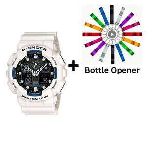 Casio G-Shock Analogue/Digital Mens White XL-Series Watch GA-100B-7A Bottle Opener Bundle