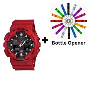 Casio G-Shock Analogue/Digital Mens XL Series Red Watch GA-100B-4A Bottle Opener Bundle