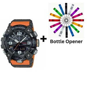Casio G-Shock Black/Orange Analogue/Digital Bluetooth Mudmaster Watch GG-B100-1A9 Bottle Opener Bundle