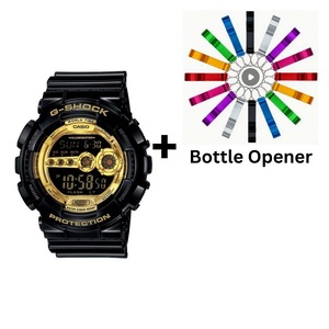Casio G-Shock Digital Mens Black X Gold Series Watch GD100GB-1 GD-100GB-1DR Bottle Opener Bundle