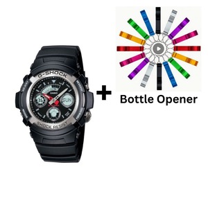 Casio G-Shock Neobrite Analogue/Digital Mens Black Watch AW-590-1ADR Bottle Opener Bundle