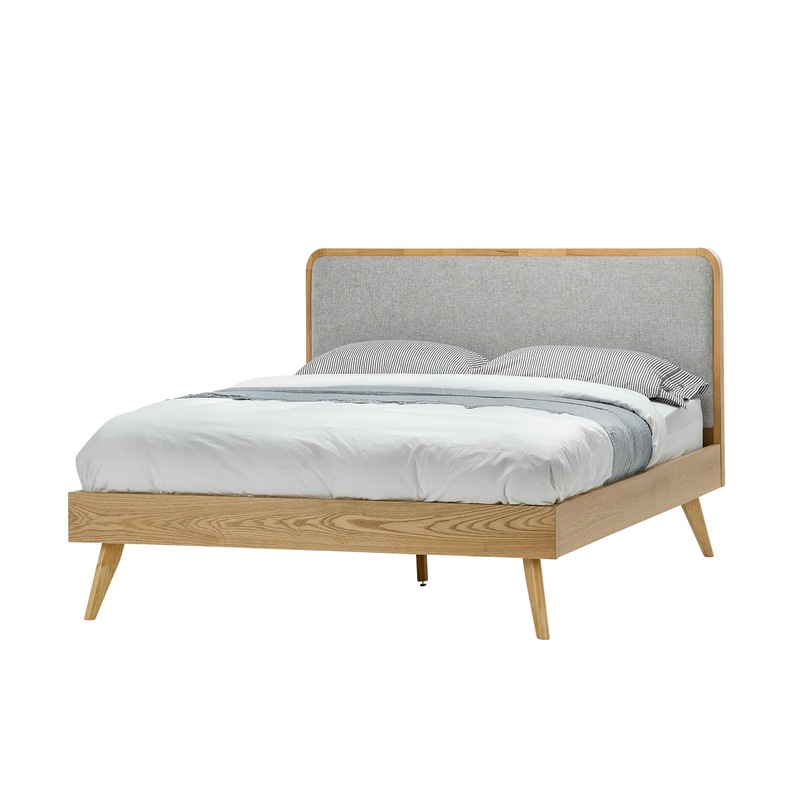 Buy Natural Oak Wood Queen Size Bed Frame with Mid Century Grey Fabric
