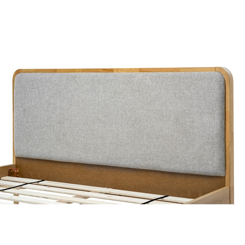 Buy Natural Oak Wood Queen Size Bed Frame with Mid Century Grey Fabric Retro Panel Headboard