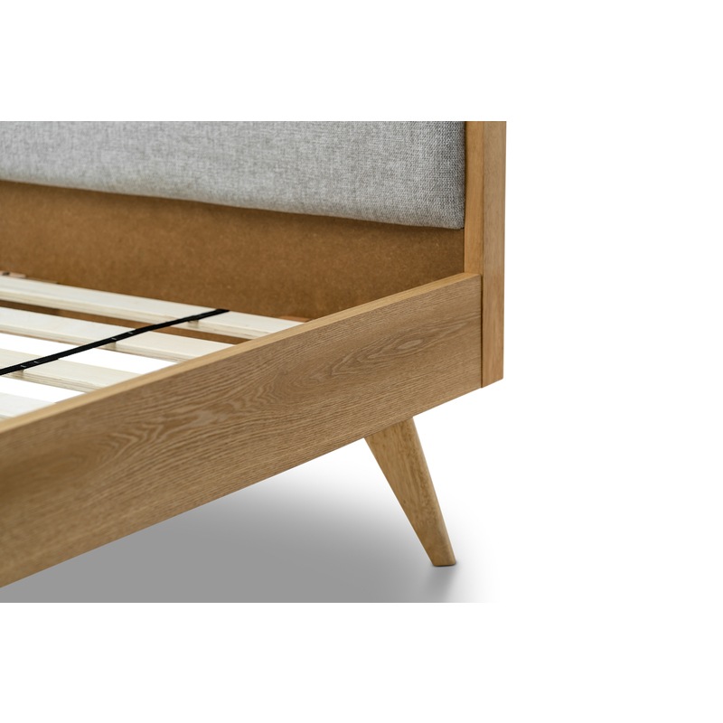 Buy Natural Oak Wood Queen Size Bed Frame with Mid Century Grey Fabric Retro Panel Headboard