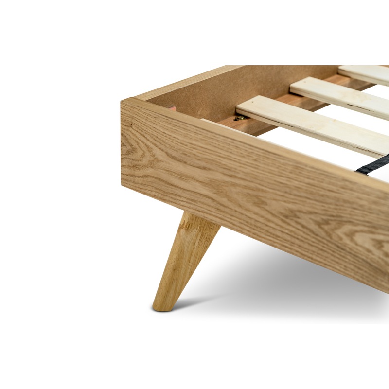 Buy Natural Oak Wood Queen Size Bed Frame with Mid Century Grey Fabric Retro Panel Headboard