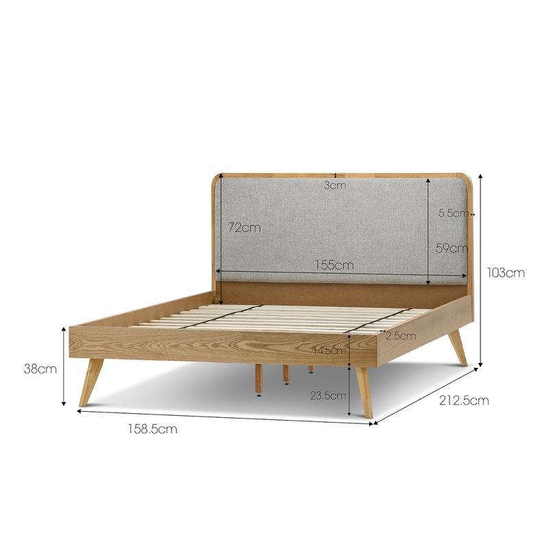 Buy Natural Oak Wood Queen Size Bed Frame with Mid Century Grey Fabric