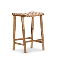 Natural Tan Woven Leather 66cm Barstool with Solid Teak Frame