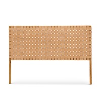 Natural Tan Woven Leather Solid Teak Wood Queen Size Bed Head Headboard