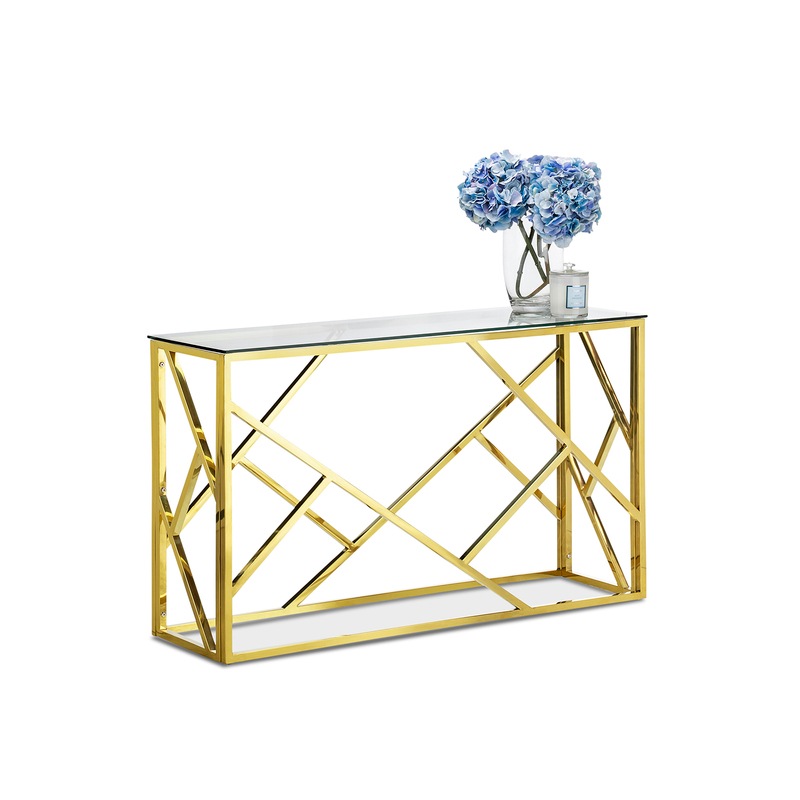 Polished Gold 120cm Console Hallway Table with Tempered Glass Metal