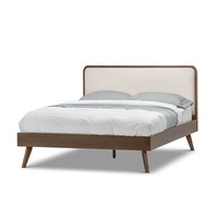 Stella Mid Century Queen Size Bed in Walnut with Upholstered Beige Fabric Panel Headboard