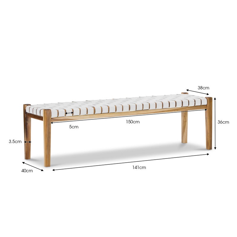White Woven Leather 150cm Bench Seat, Leather And Wood Bench Seat