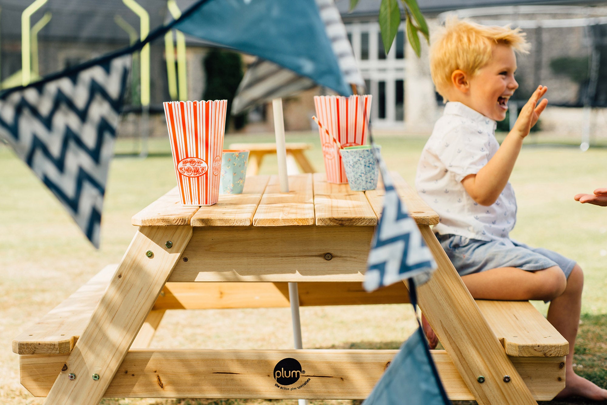 Kids wooden picnic table with umbrella