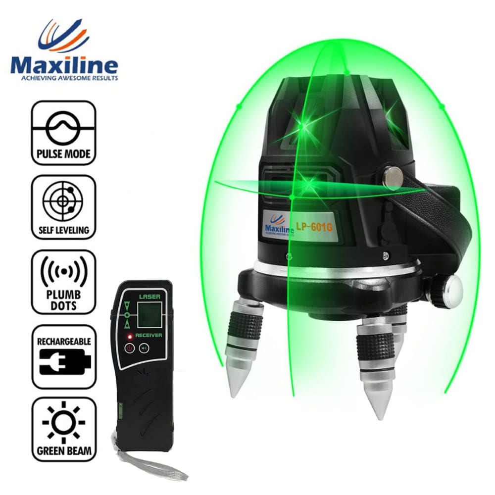 Maxiline 5 Green Beams Self Leveling Cross Line Laser Level + Receiver