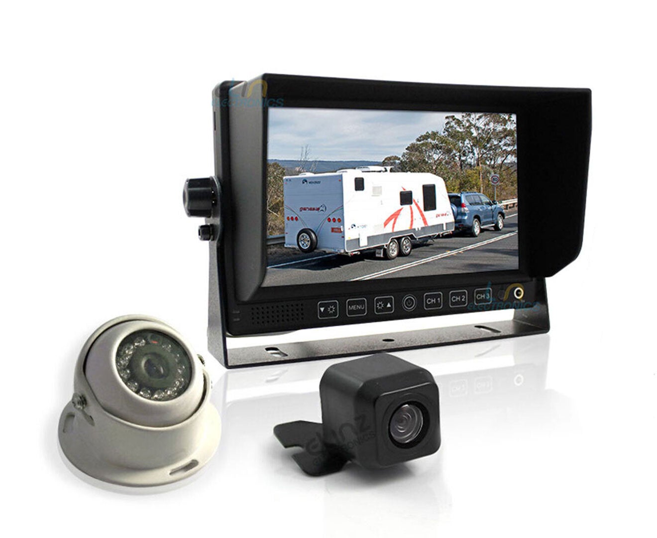 Elinz 7" Monitor HD 12V/24V Reversing CCD 2x TWO Camera 4PIN System 3AV Caravan Kit