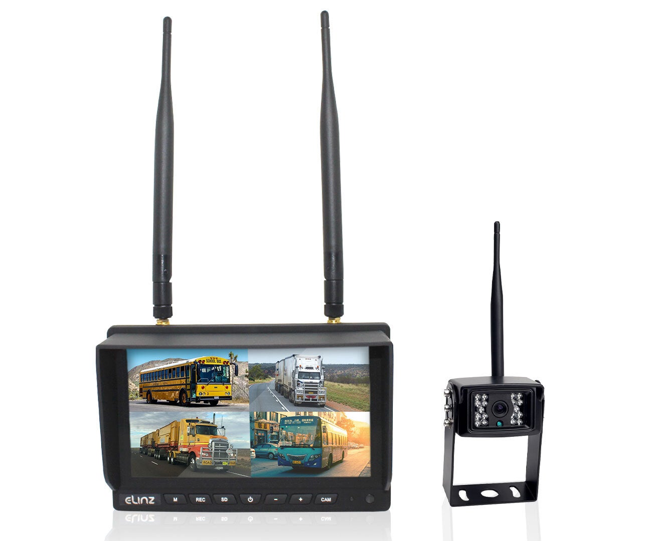 Elinz Digital Wireless 7" Quad Monitor Splitscreen CMOS Reversing Camera DVR 12V 24V 2.4GHz