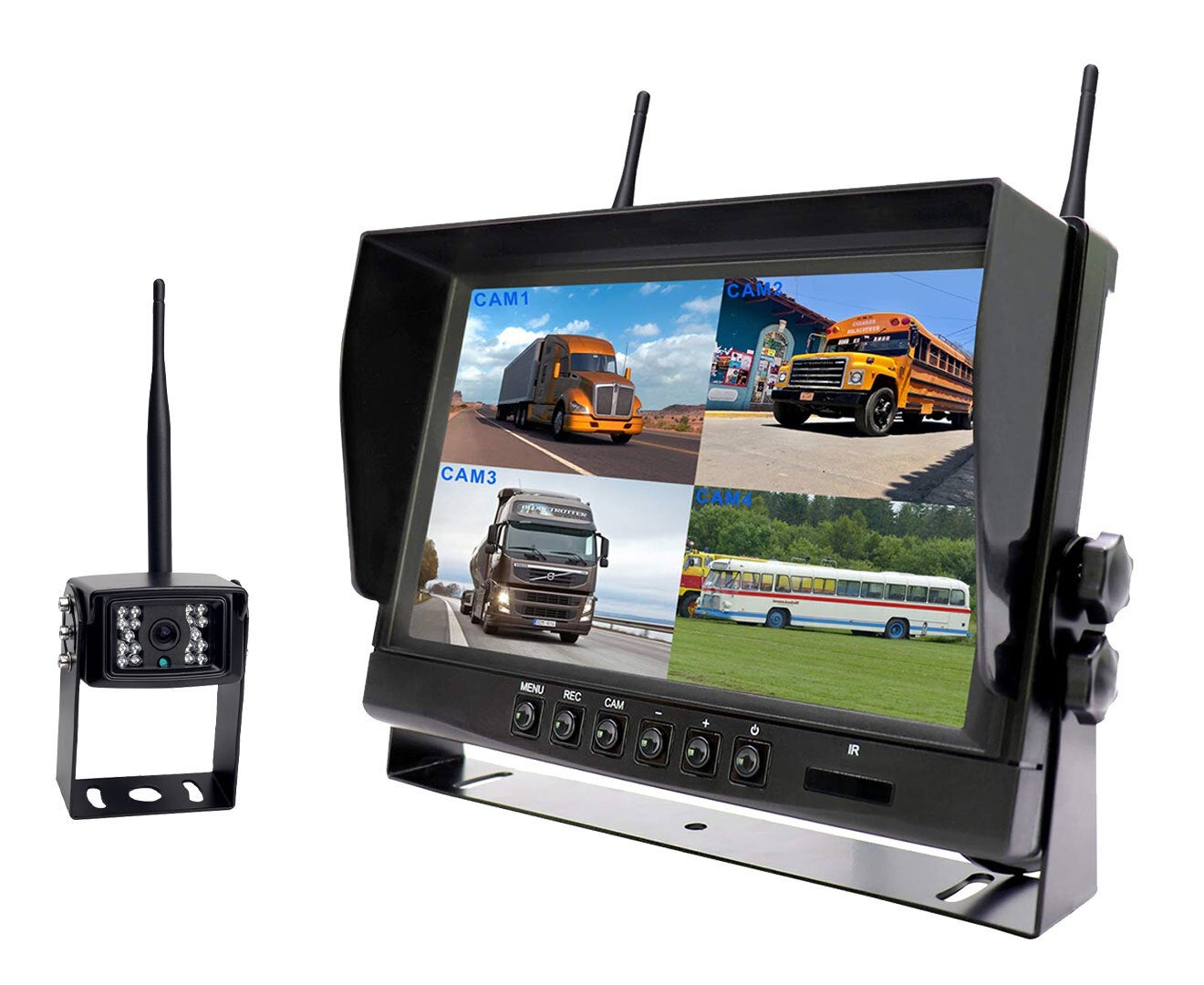 Elinz Digital Wireless 9" Quad Splitscreen Monitor 4CH DVR Reversing CMOS 800TVL Camera 12V 24V 2.4GHz