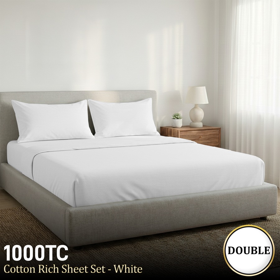 1000 Thread Count Cotton Rich Double Bed Sheet Set 4 Piece in White
