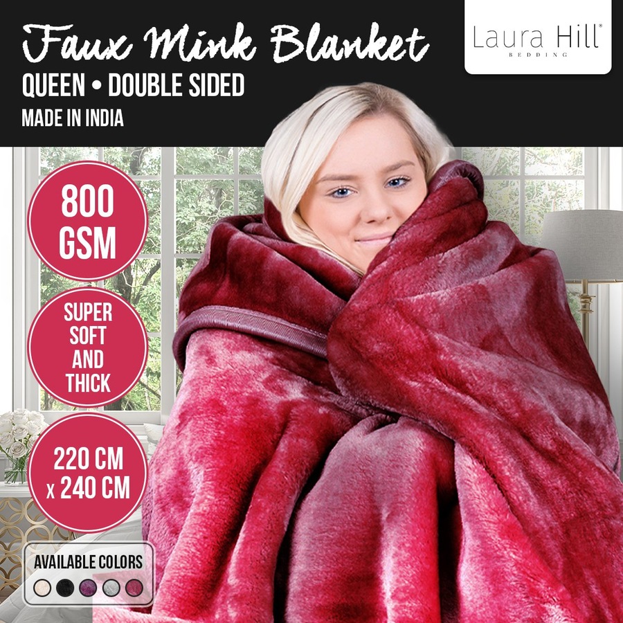 Laura Hill Mink Blanket Double Sided 800GSM Queen Size Soft Plush Bed Faux Throw Rug 220 X 240cm Red