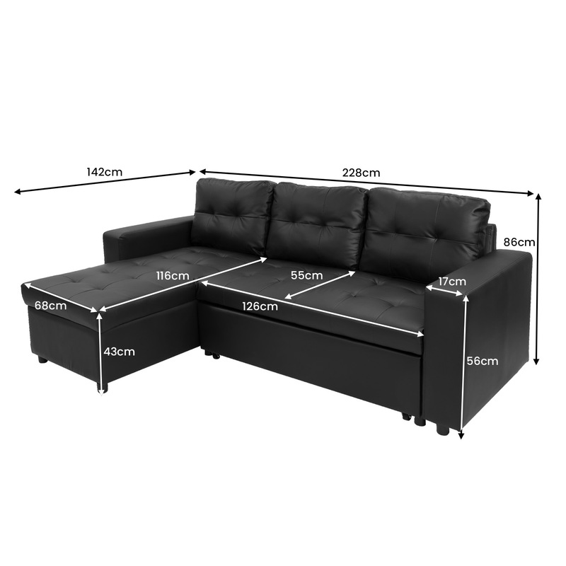 Buy Sarantino 3Seater Corner Sofa Bed Storage Chaise Couch Faux Leather Black MyDeal
