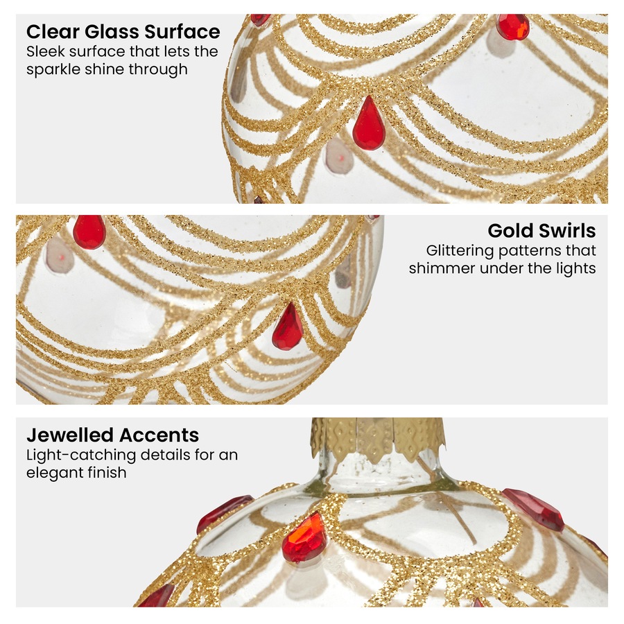 Christabelle Box of 6 Clear Glass Baubles with Gold Swirls and Jewels