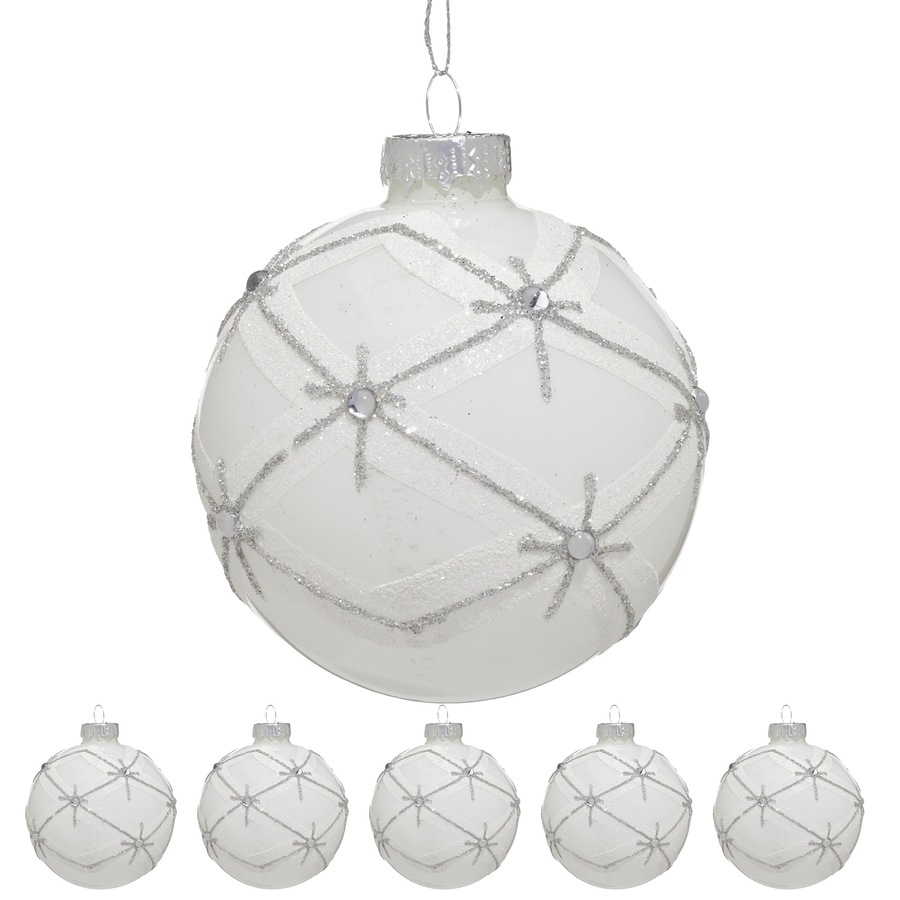Christabelle Matt White Glass Baubles 6Pcs with Glitter Pattern & Pearls Balls Christmas Tree Decoration Ornament