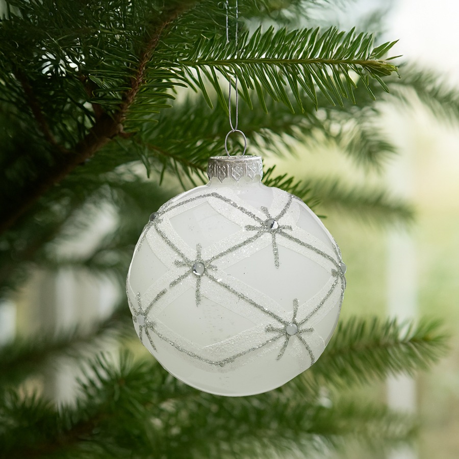 Christabelle Matt White Glass Baubles 6Pcs with Glitter Pattern & Pearls Balls Christmas Tree Decoration Ornament
