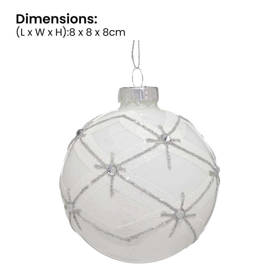Christabelle Matt White Glass Baubles 6Pcs with Glitter Pattern & Pearls Balls Christmas Tree Decoration Ornament