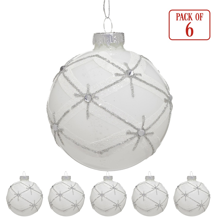 Christabelle Matt White Glass Baubles 6Pcs with Glitter Pattern & Pearls Balls Christmas Tree Decoration Ornament
