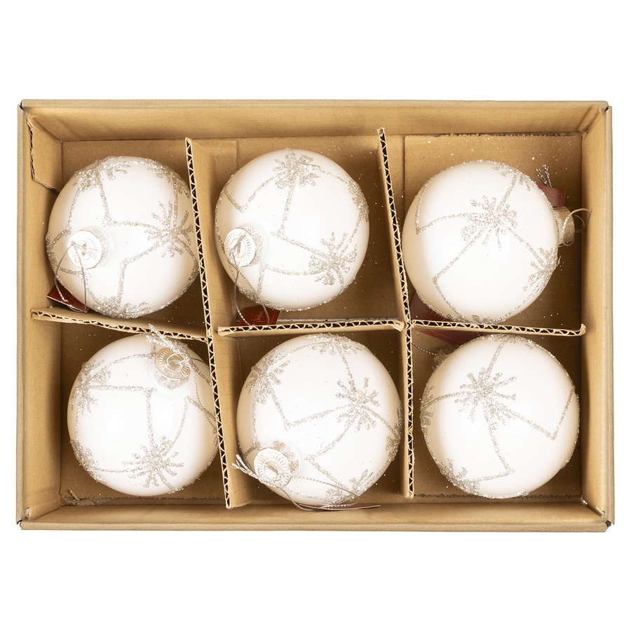 Christabelle Matt White Glass Baubles 6Pcs with Glitter Pattern & Pearls Balls Christmas Tree Decoration Ornament