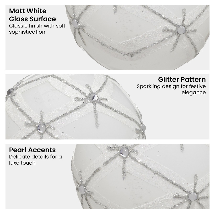 Christabelle Matt White Glass Baubles 6Pcs with Glitter Pattern & Pearls Balls Christmas Tree Decoration Ornament