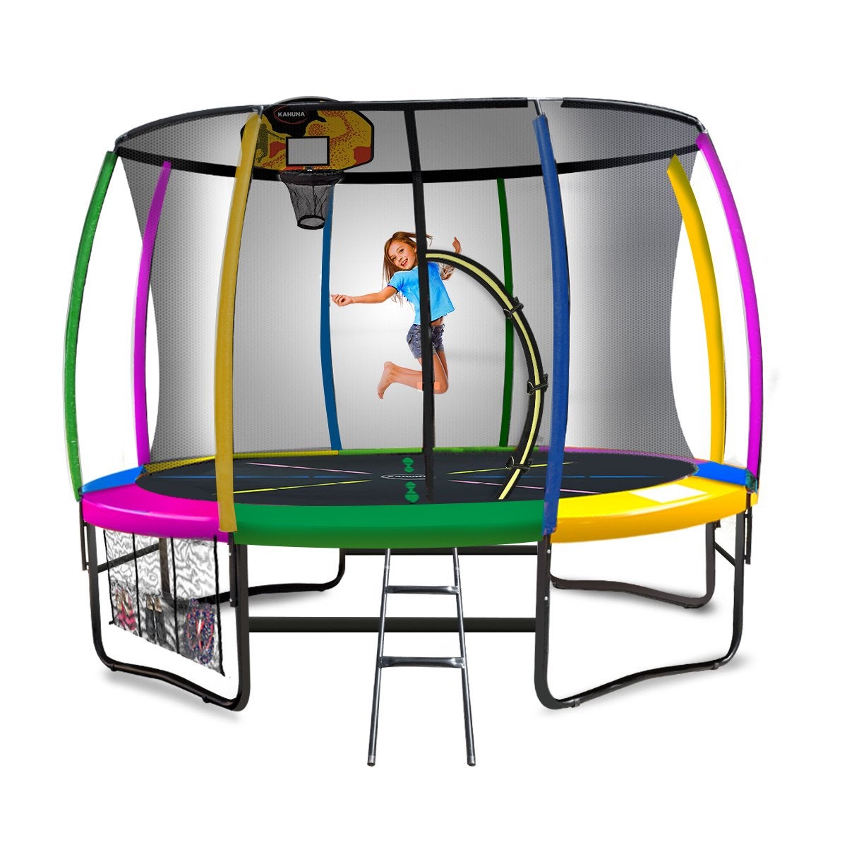 Kahuna 10ft Round Trampoline Safety Net Spring Pad Cover Mat Free Ladder Basketball Set
