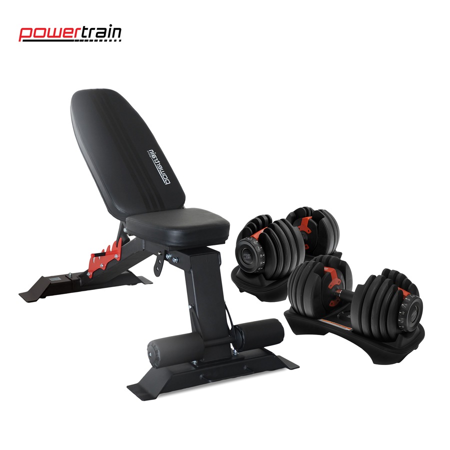 Buy Powertrain 48KG Adjustable Dumbbell Set - Red with FID Weight Bench ...