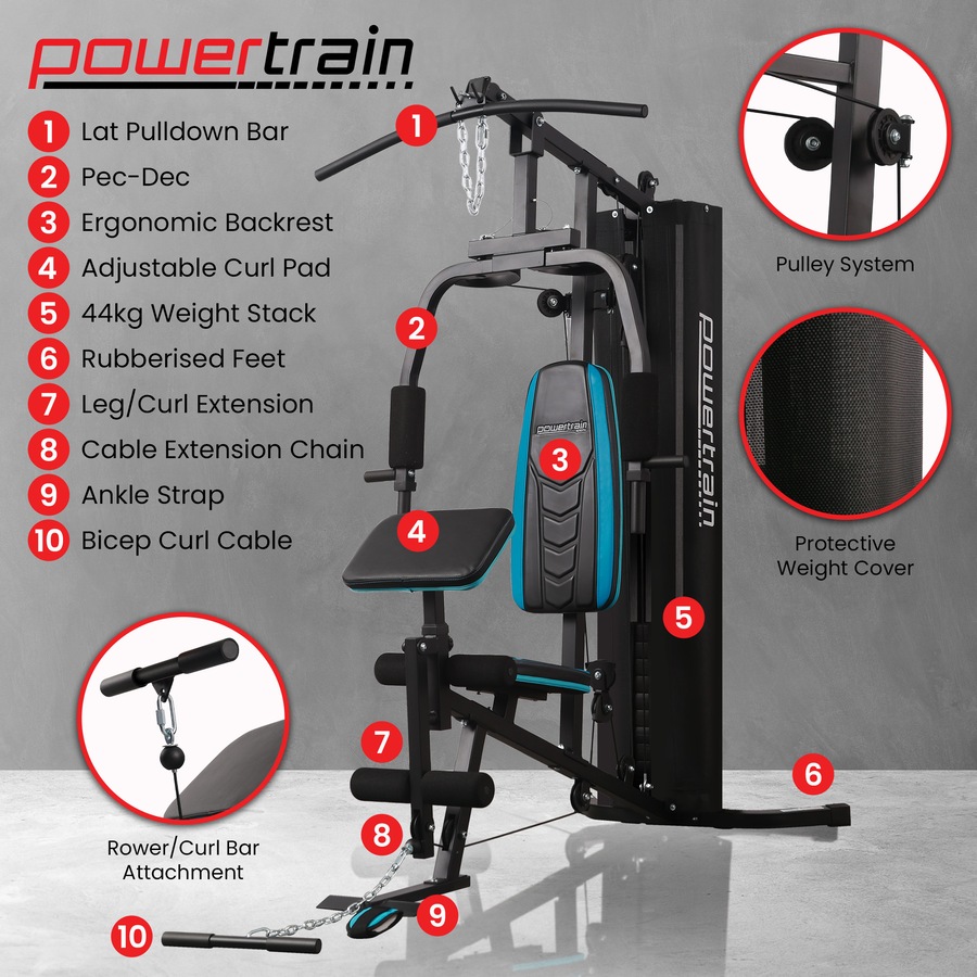 Buy Powertrain JX-300 Multi Station Home Gym 44kg Weight Stack Cable ...