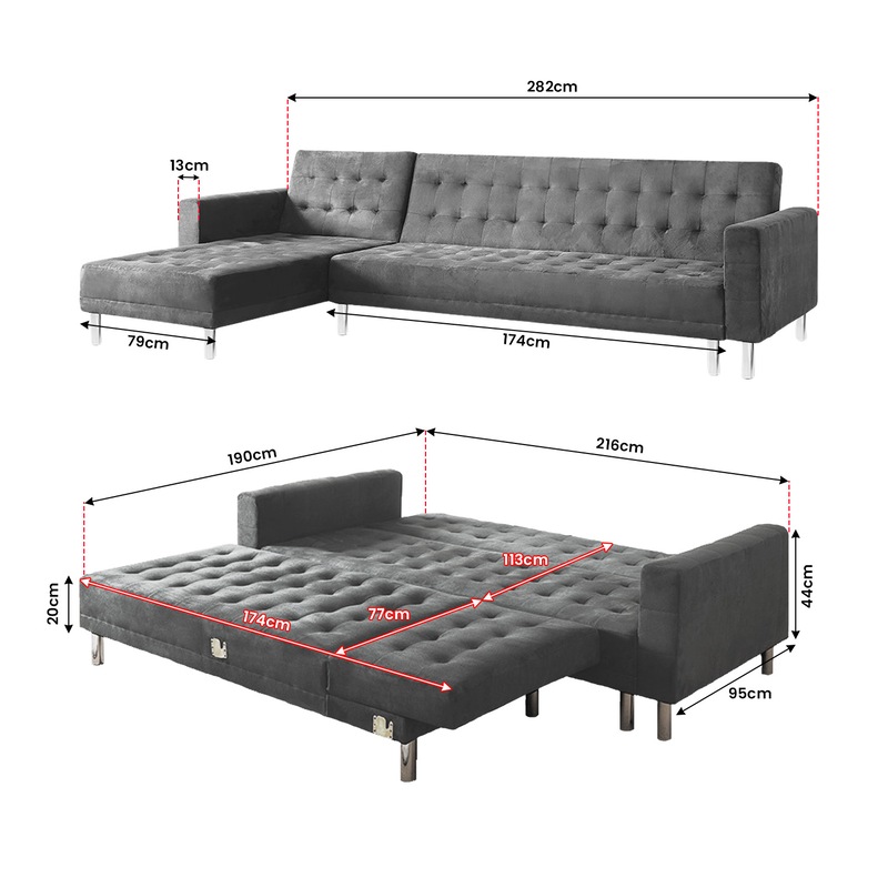 Buy Sarantino Faux Velvet Corner Wooden Sofa Bed Couch with Chaise
