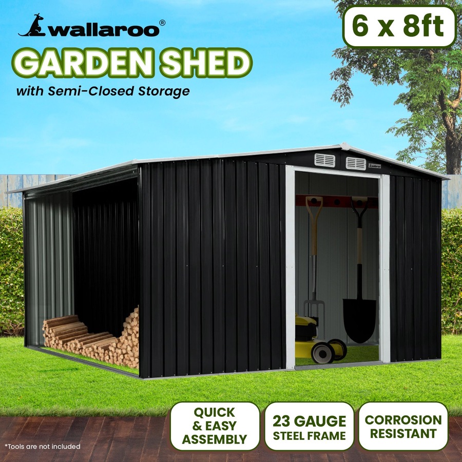 Wallaroo 6x8FT Garden Shed Semi-Close Storage - Black