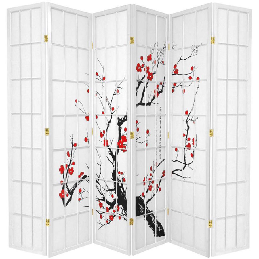 Cherry Blossom Room Divider Screen White 6 Panel