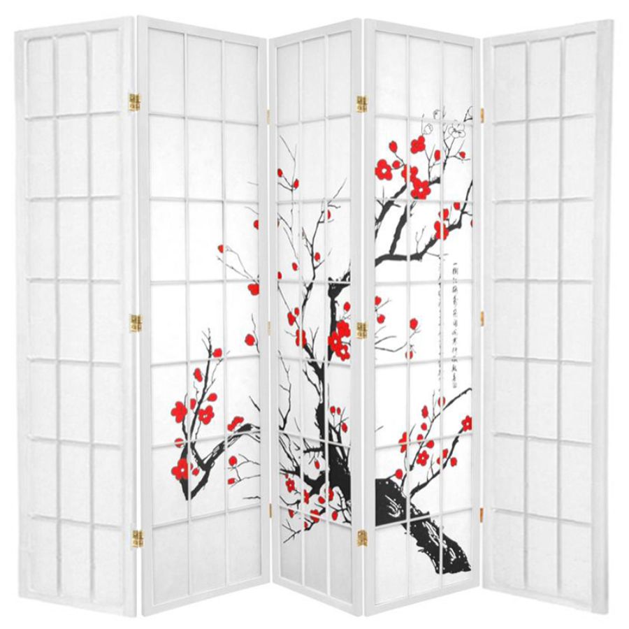 Cherry Blossom Room Divider Screen White 5 Panel