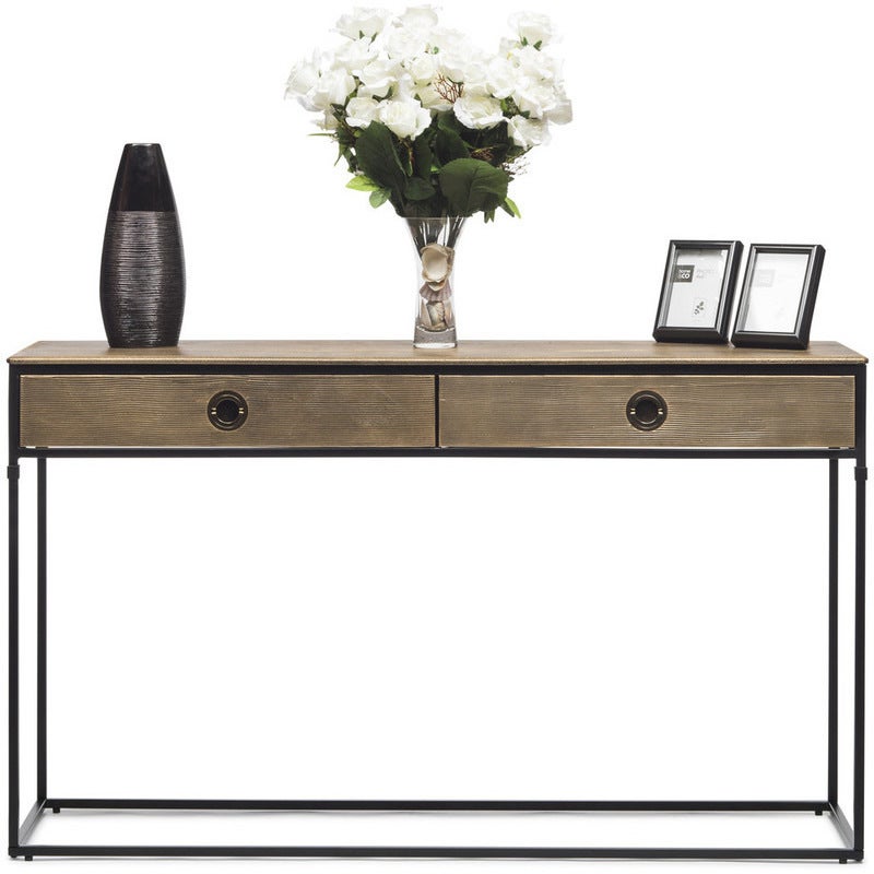 2 Drawer Industrial Iron Console Table in Dull Gold