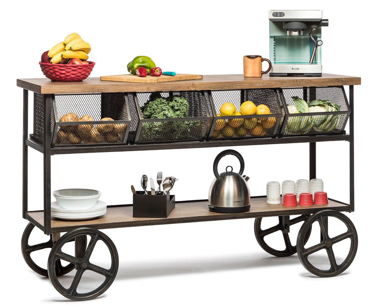 Kitchen Island Wooden Iron Cart Trolley with 3 Level Storage
