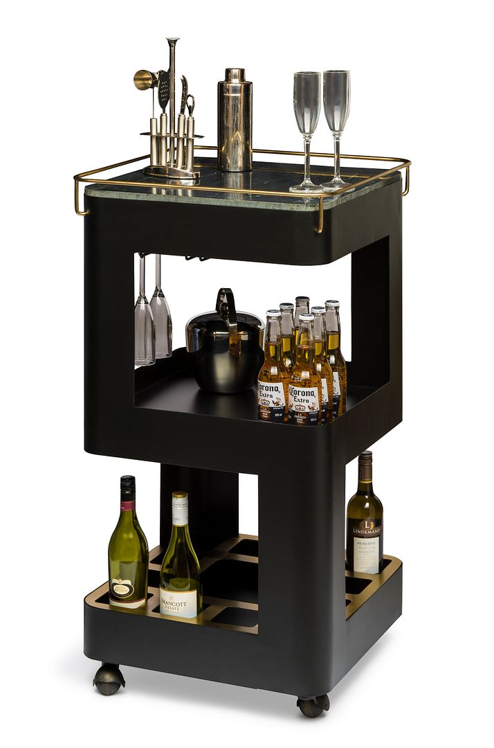 Bar Cabinet Black Gold Drinks Trolley Cart Wine Storage with Black Marble Top