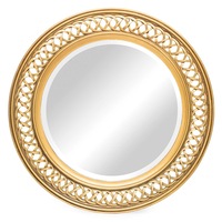 Hand Carved Round Wooden Wall Mirror in Rustic Gold
