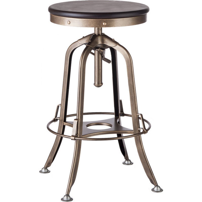 Industrial Adjustable Iron and Wood Bar Stool Brass
