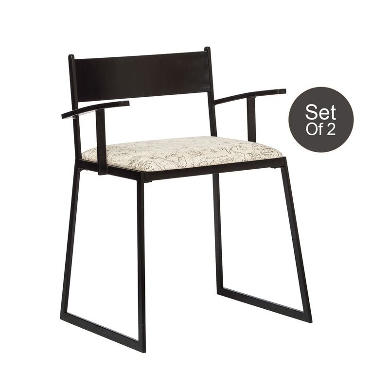 Modern Black Metal Dining Chair with Arms and Fabric Top - Set of 2
