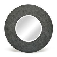 Round Black Silver Bevelled Wall Mirror with Iron Croc Pattern Frame