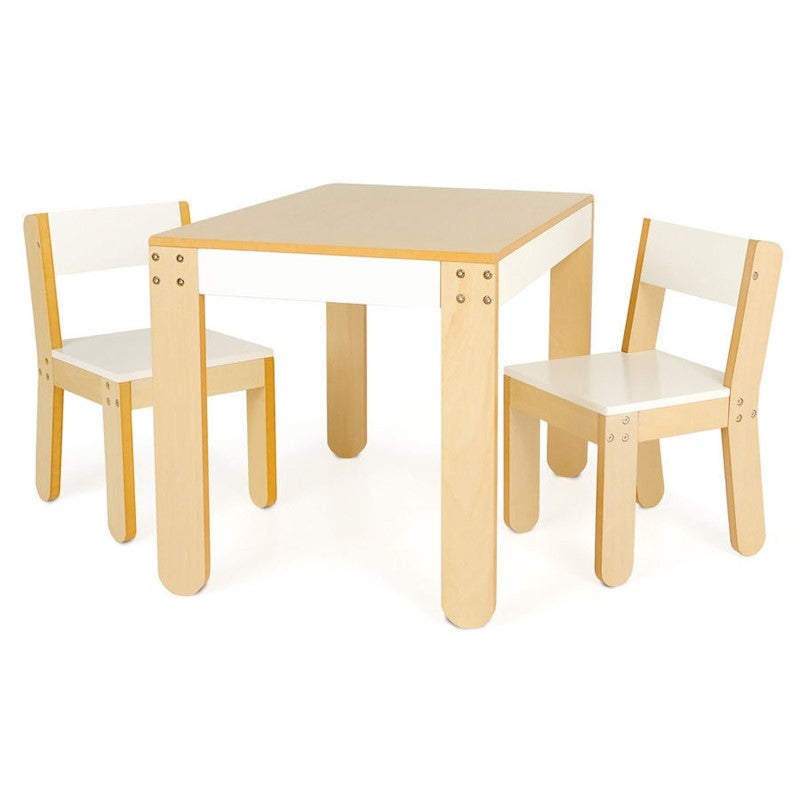 white wooden childrens table and chairs